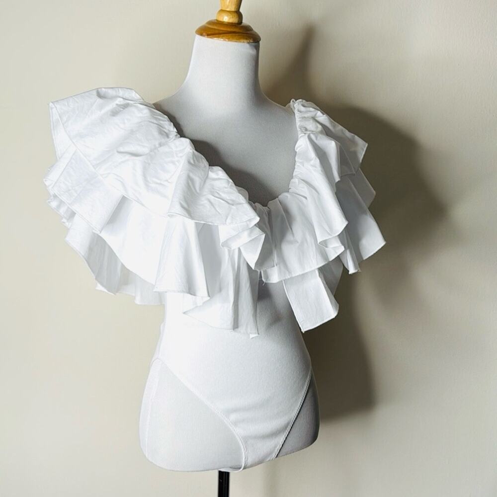 Zara White Oversize Ruffled Ribbed Bodysuit - Picture 4 of 8